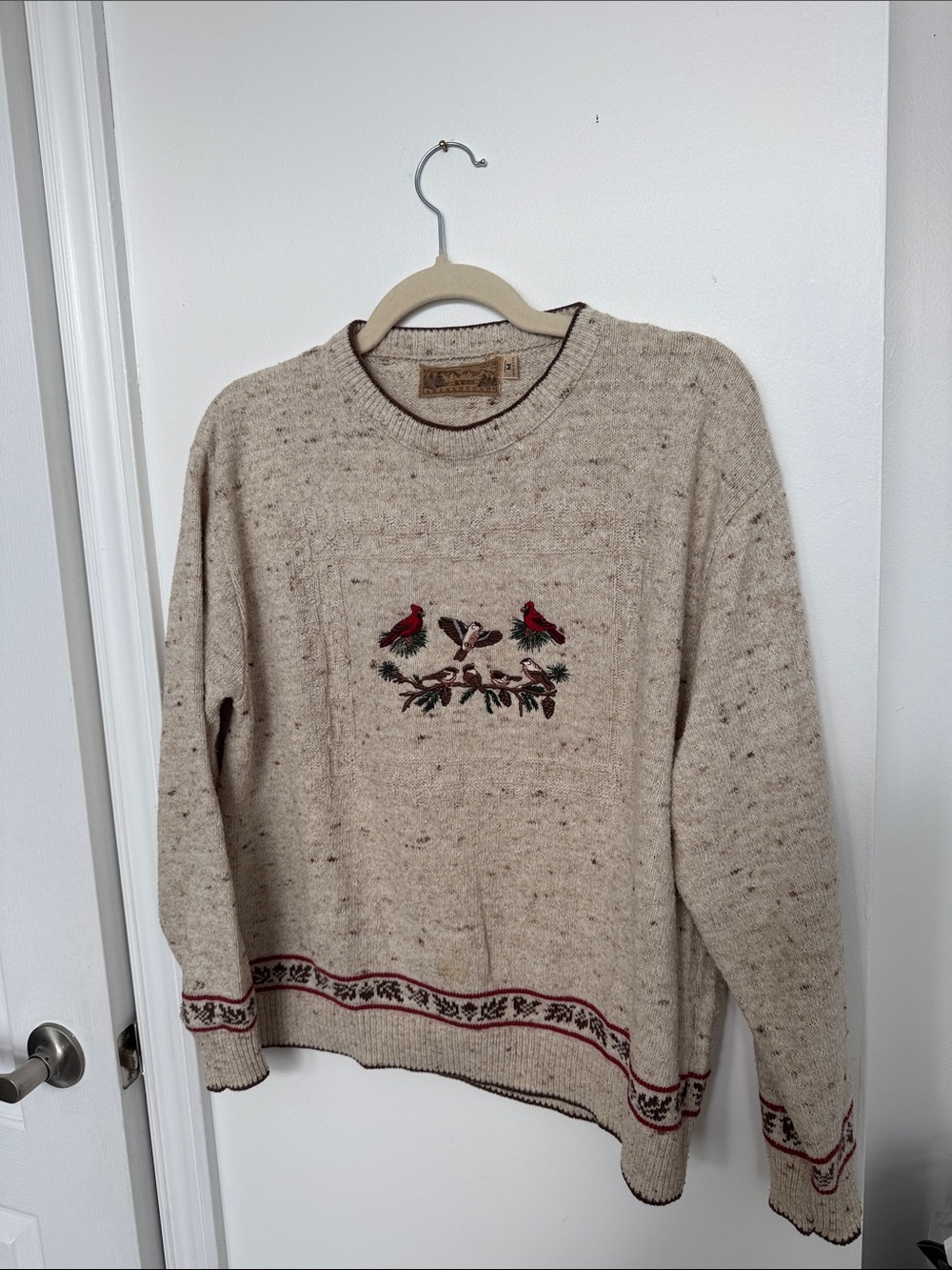 Beige Flecked Crewneck Sweater with Bird Embroidery